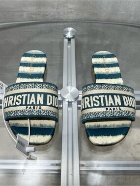 Dior Striped Logo Slide Sandals - Blue & Cream